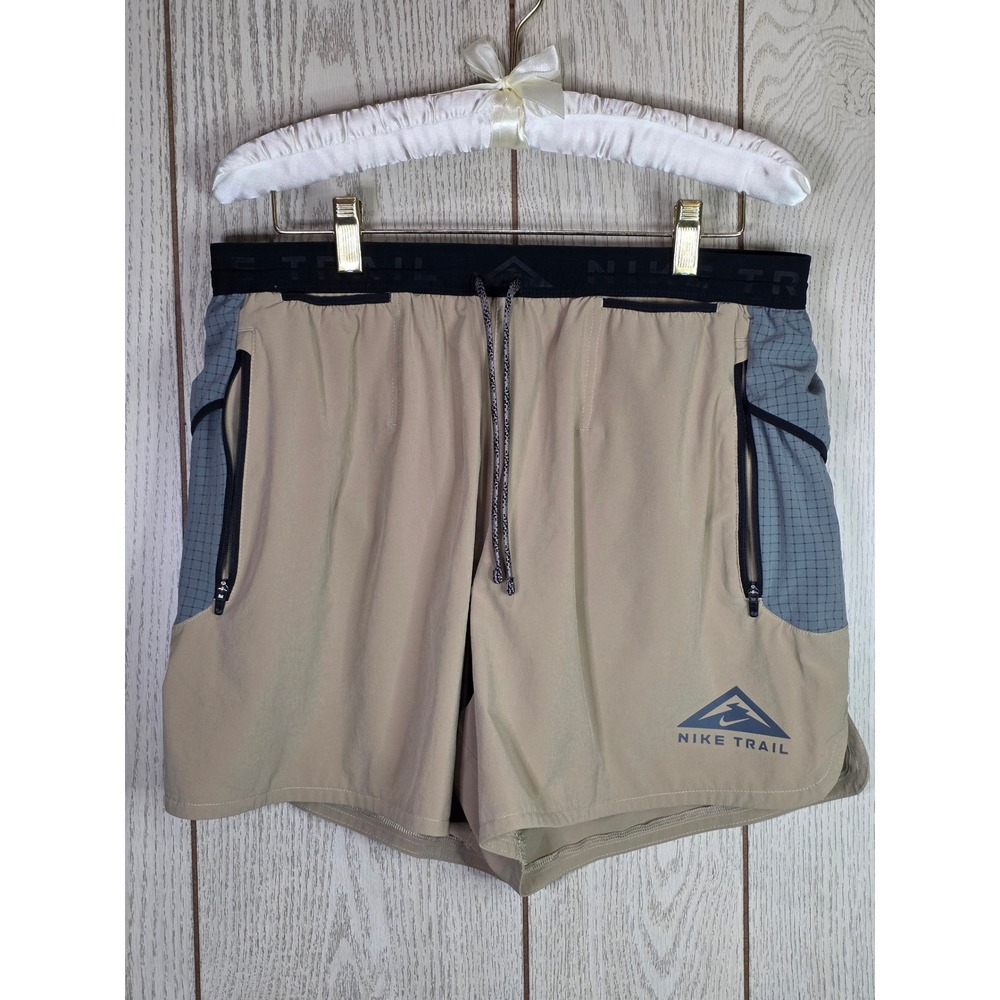 Nike Trail Second Sunrise Men L Khaki Smoke Grey Running Shorts 5 Inch Inseam